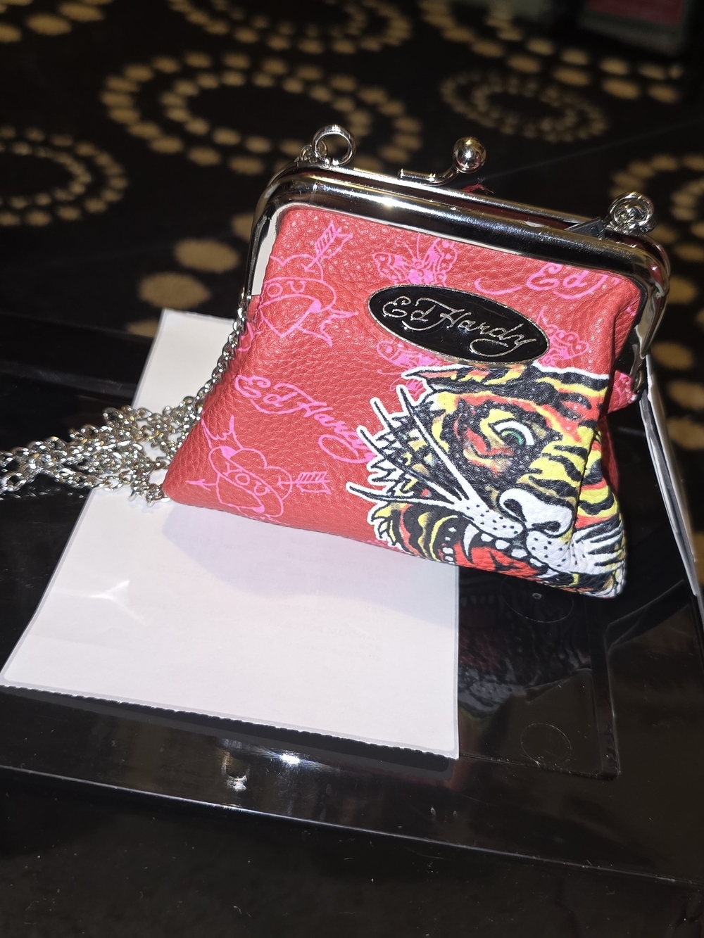 Ed Hardy Small Tiger-Print Coin Bag with chain